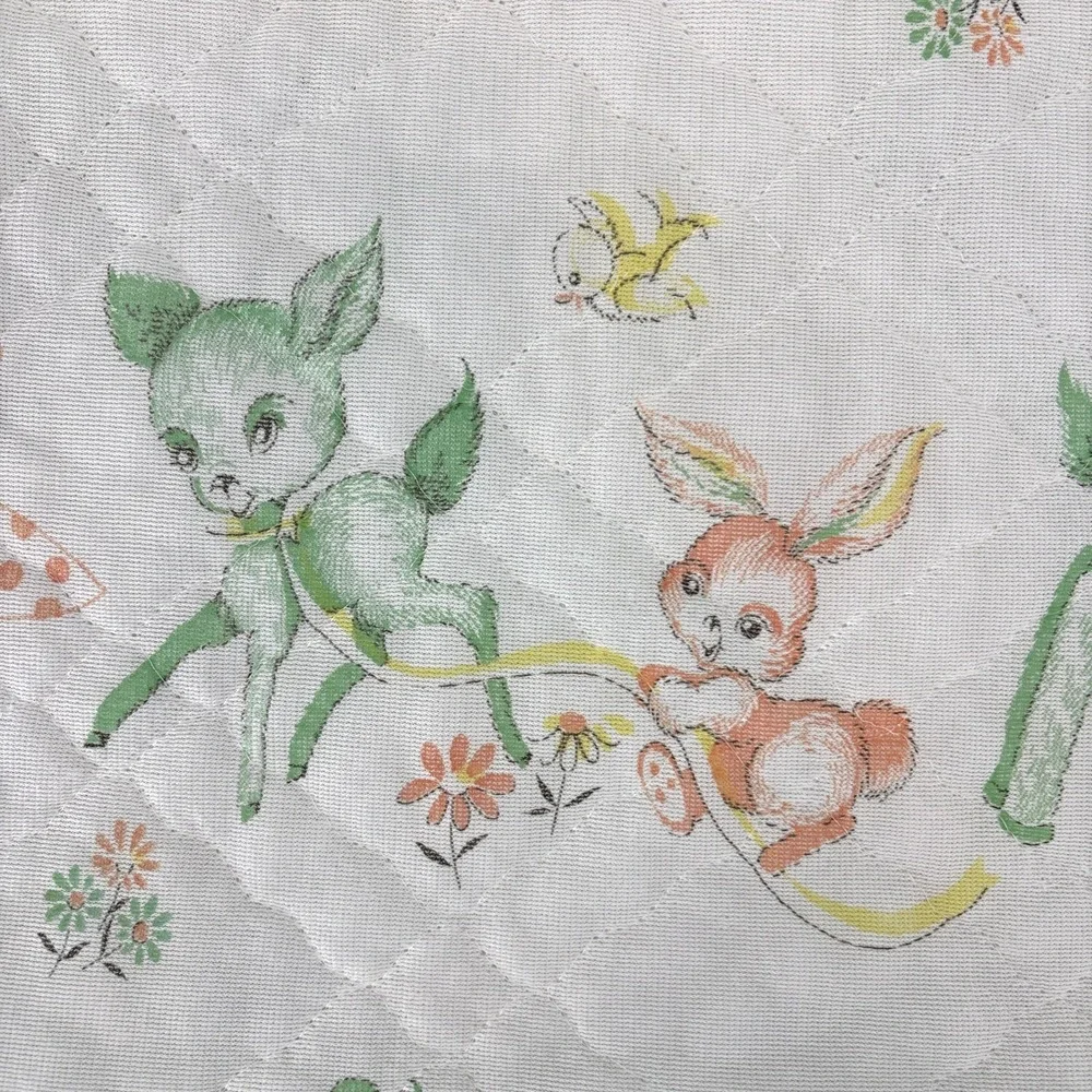 Vintage 70s  Acrylic Baby Blanket Satin Trim Woodland Mushrooms Dear Bunny Chick